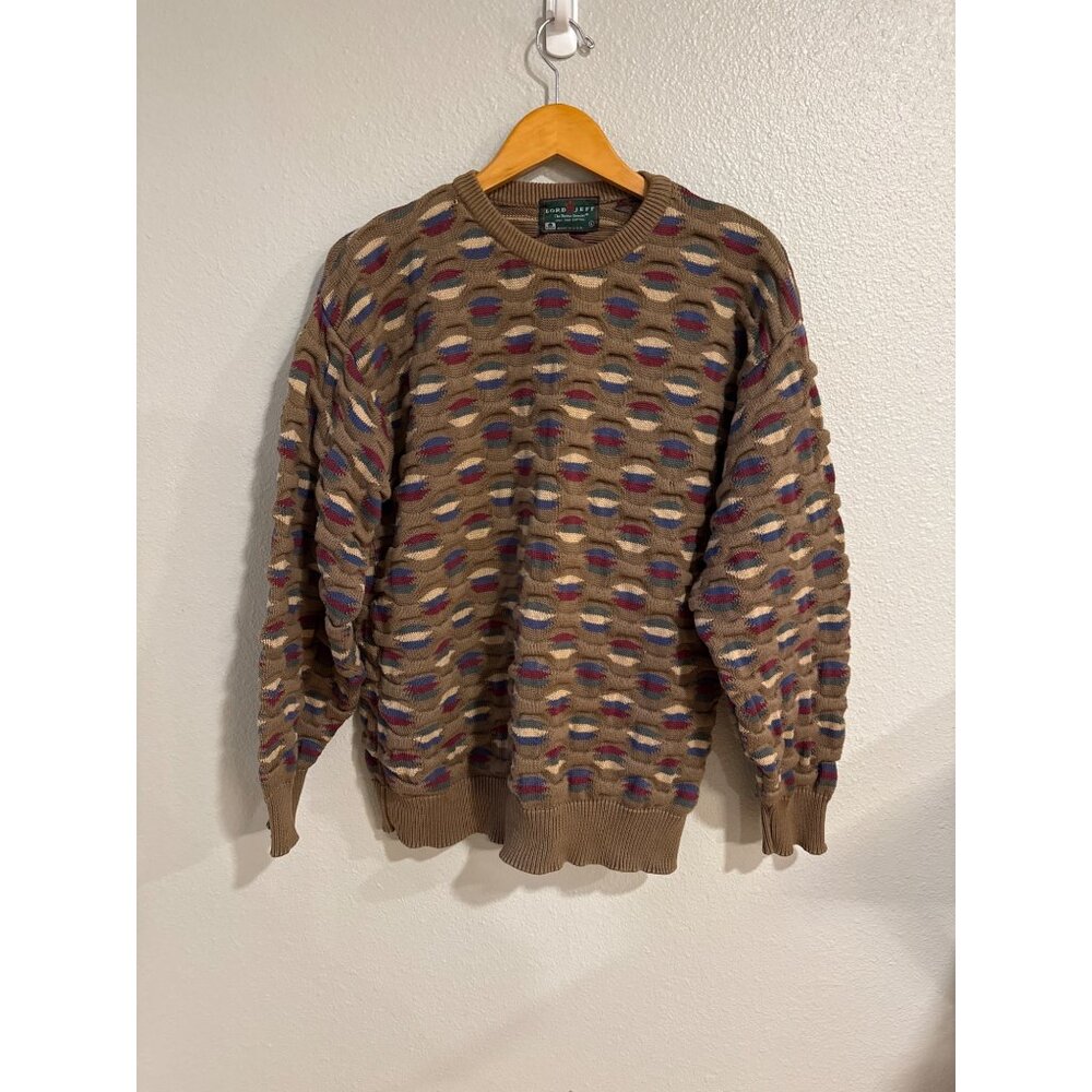 Vintage Lord Jeff Men's Sweater Brown Multicolor Pattern Crewneck